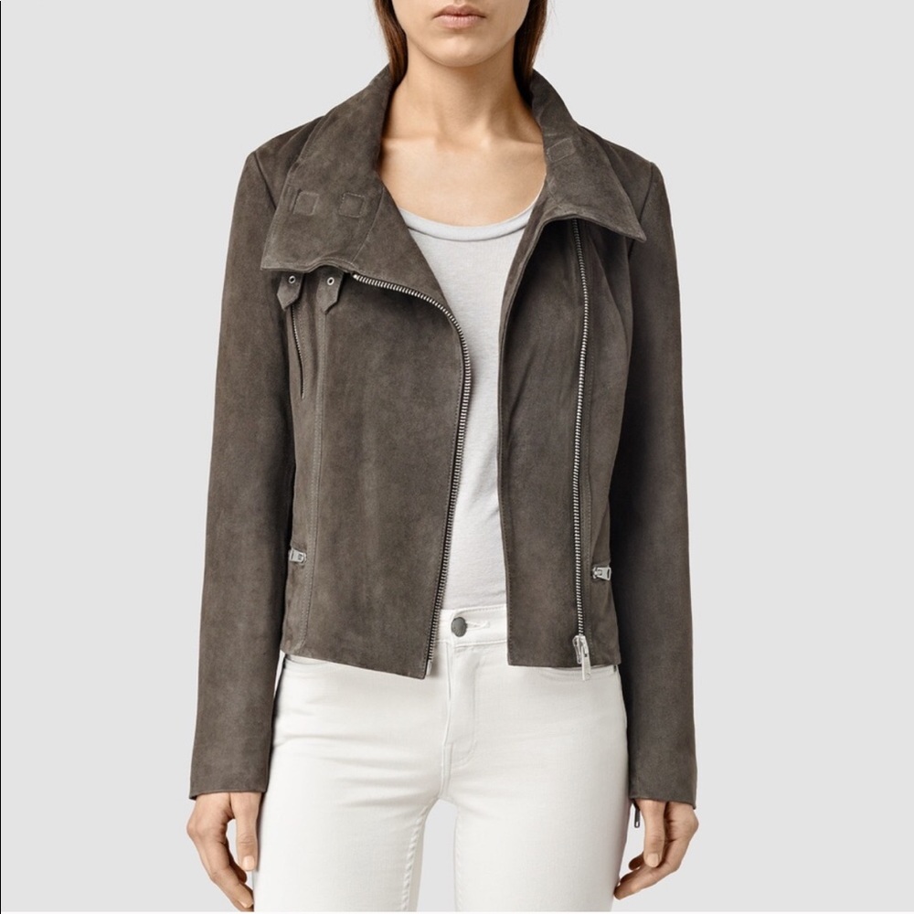 All Saints Bales Suede Biker Jacket In Graphite